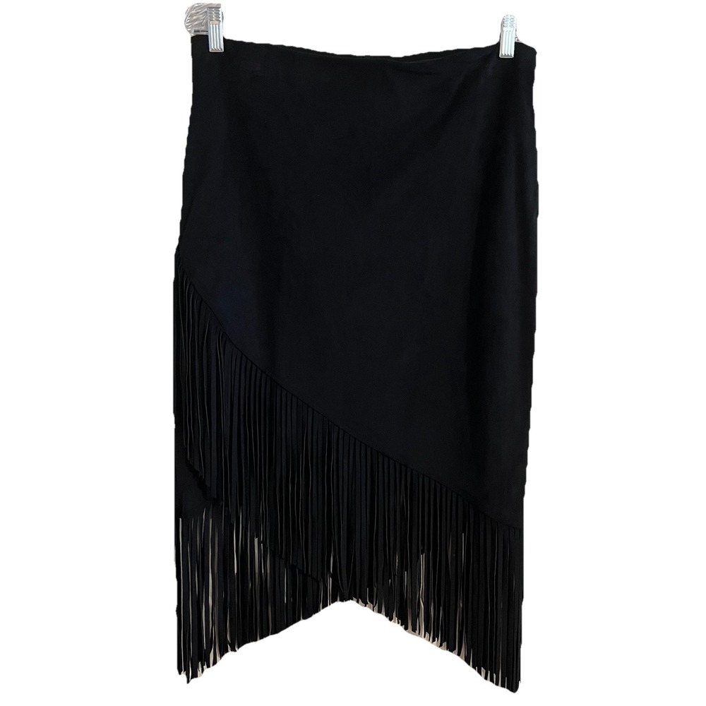 Black Faux Suede Midi‎ Skirt Fringe Sz 10 Wrap Style Western Festival 90s VTG